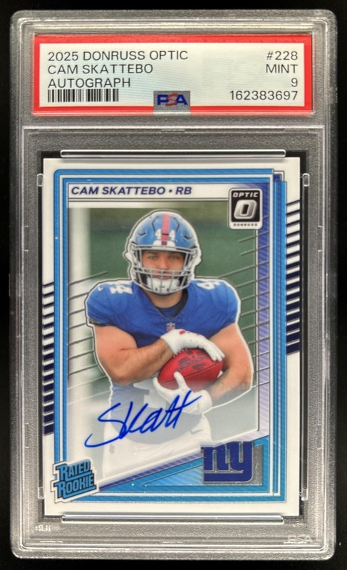 2025 Panini Donruss Optic Cam Skattebo Rated Rookie RPS Auto #/350 Giants PSA 9