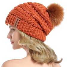 Women Knit Slouchy Beanie Chunky Baggy Hat with Faux Fur Pompom Winter Soft W...