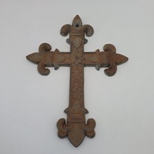 Vintage Rustic Heavy Cast Iron Wall Cross 12" x 9.5" Fleur-De-Lis Gothic