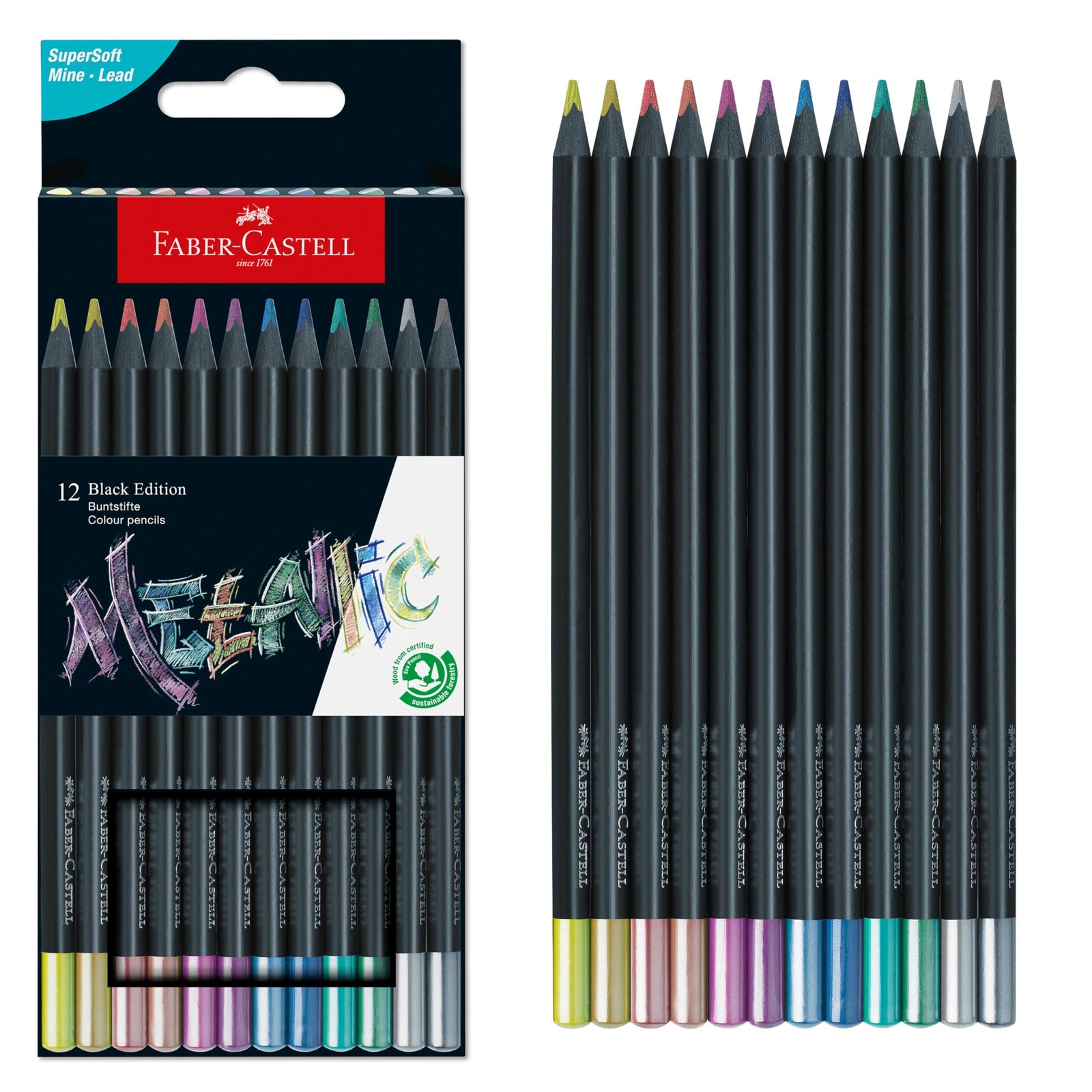 Faber-Castell Black Edition Colored Pencils, 1 Count (Pack of 12), Metallic 