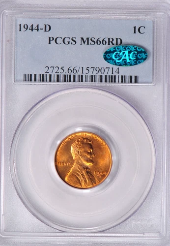 1944 D Lincoln Wheat Cent PCGS CAC MS 66 RD Minor Variety RPM Coin 1C