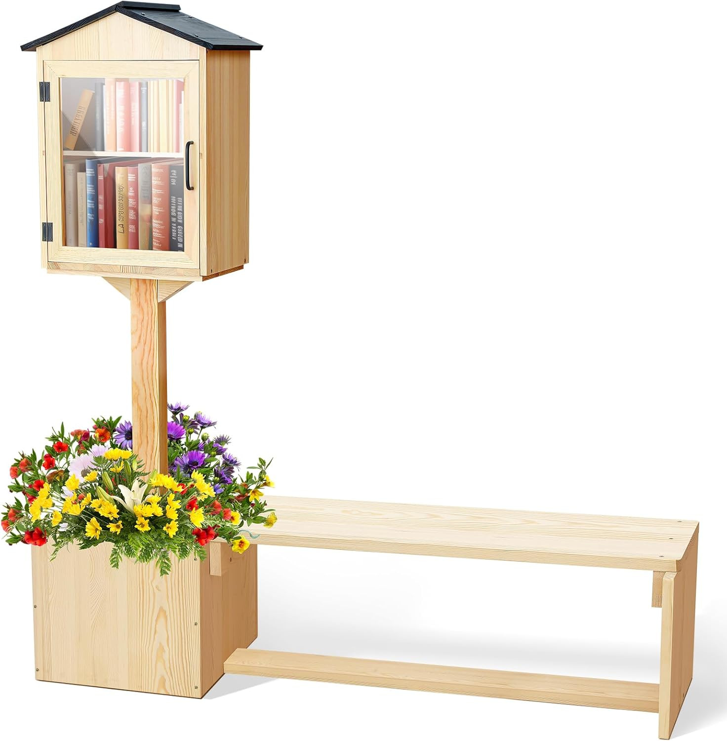 Outdoor Library Box and Bench Set, Waterproof Double Outdoor Book Box Storage wi