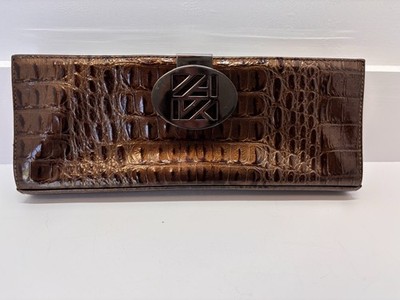 Anne Klein Genuine Leather Brown Croc Embossed Clutch Purse