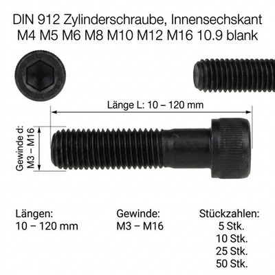 Zylinderschrauben DIN 912 Edelstahl Innensechskant M4 - M16 10.9 blank