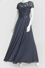 Xscape Women's Gray Lined Embellished Short Sleeve Chiffon Gown Dress Size 10