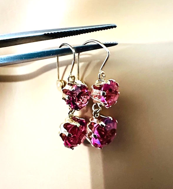 Estate 10K Yellow Gold Pink Ruby Dangle Drop Earrings - Image 3 of 4