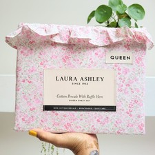 Laura Ashley Queen Sheet Set Leona Flower 4pc Ruffled Pink Farmhouse Chic Green