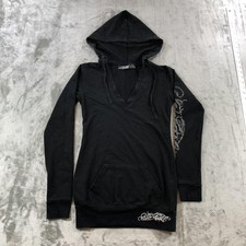 Vintage No Fear So Cal Hoodie Tunic Womens Small Black Rhinestone Wings Y2K