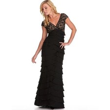 Adrianna Papell Lace Floral Ruffle Tiered Maxi Dress V-Neck Formal Gown, Size 8
