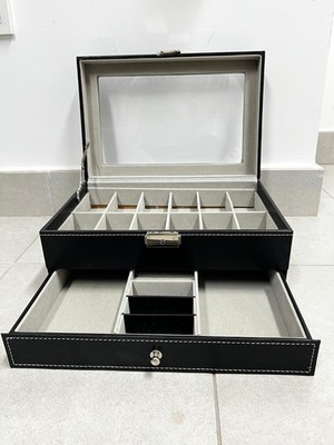 12 Slot Watch Box with Drawer PU Leather Case Glass Lid Jewelry Organizer Lock