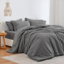 Seersucker Dark Grey Queen Comforter Set, 7-Piece All Season Lightweight Bed in