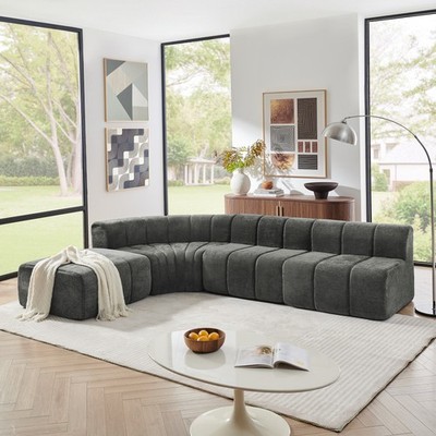 Modern Semi-Curved Modular Sectional Sofa with Ottoman, Chenille, Black