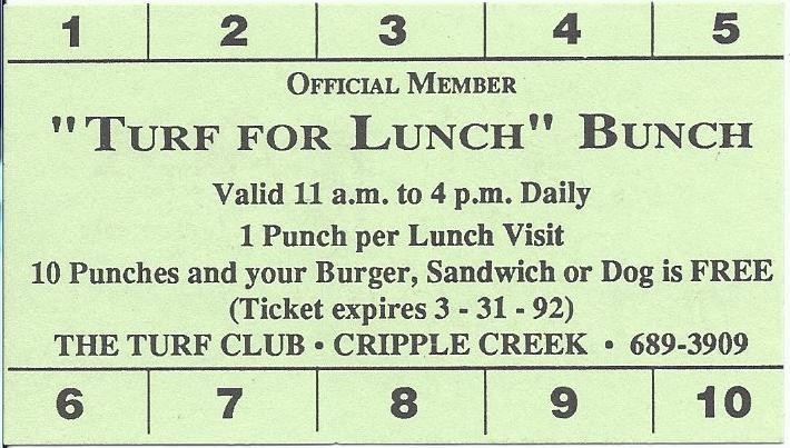 The Turf Club - Cripple Creek, CO - Paper Turf For Lunch Bunch Punch Card
