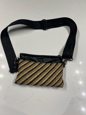 Think Royln Woven Raffia Bum Bag Crossbody Black Tan Diagonal Stripe