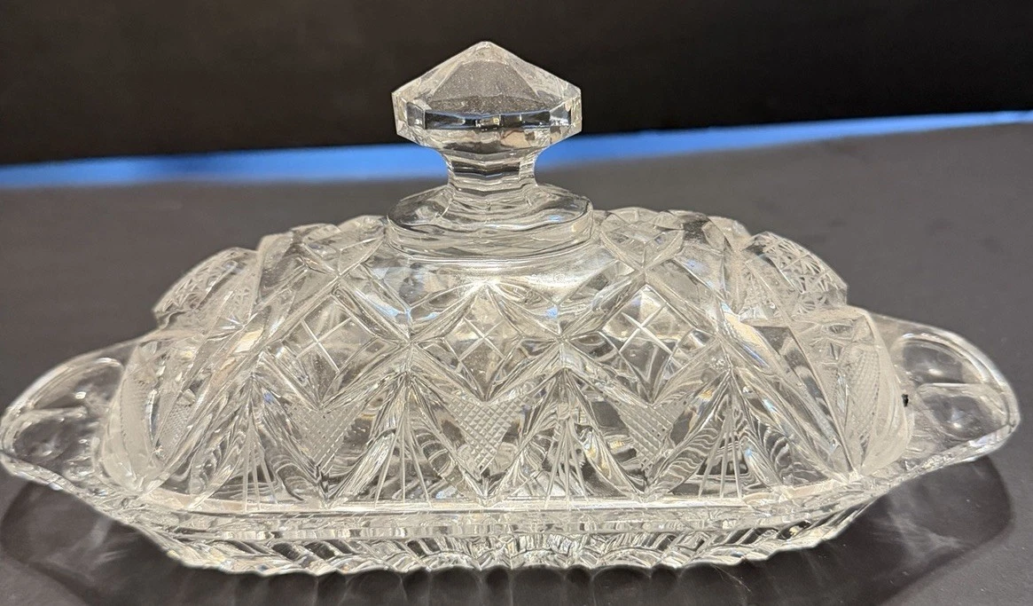 Vtg Glass Oval CUT CRYSTAL BUTTER DISH Handles 8” Long
Opens in a new window or tab