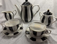 Grace Teaware Black and White Stripe Scallop Fine Porcelain 9pc Tea Set