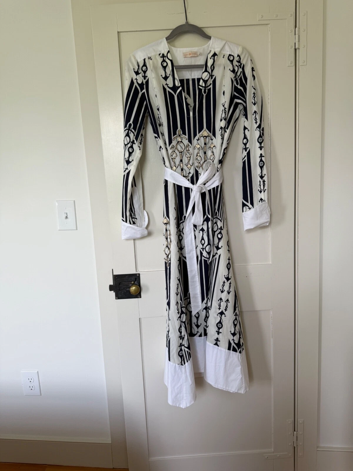 Abito Tory Burch in cotone stampato impreziosito a righe marinare midi tg 2 nautico