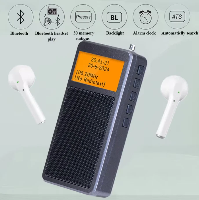 Mini Bluetooth Radio Tragbar FM Stereo Radio Lautsprecher Wecker Wiederaufladbar