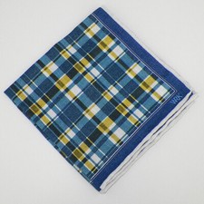 WRK Mens Linen Pocket Square Navy Teal Ochre Pale Gray Plaid NWT
