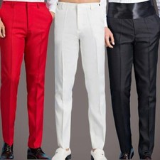 Men's Dress Formal Long Flat Front Trousers Slim Fit Straight Comfort Pants Date