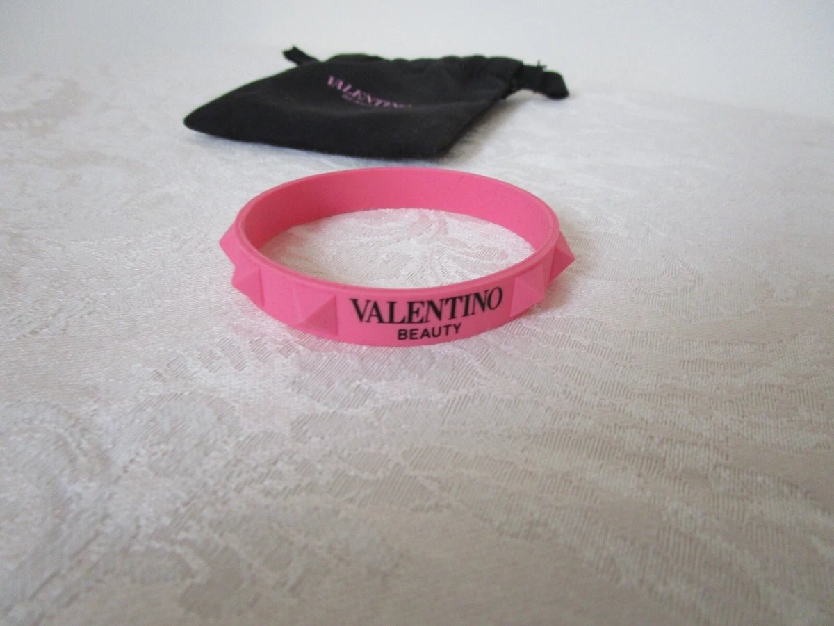 Valentino Beauty Pink Black Silicone Studded Bangle Bracelet With Pouch 7.25 New
