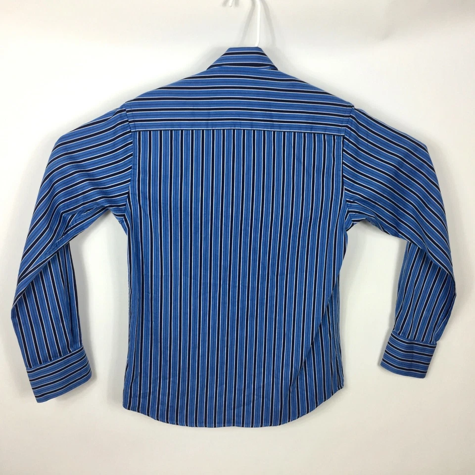 Camisa de Vestir Tallia Para Hombre Pequeña 14 1/2 Manga Larga Botón Delantero Azul Negro Rayas Foto 3 de 4