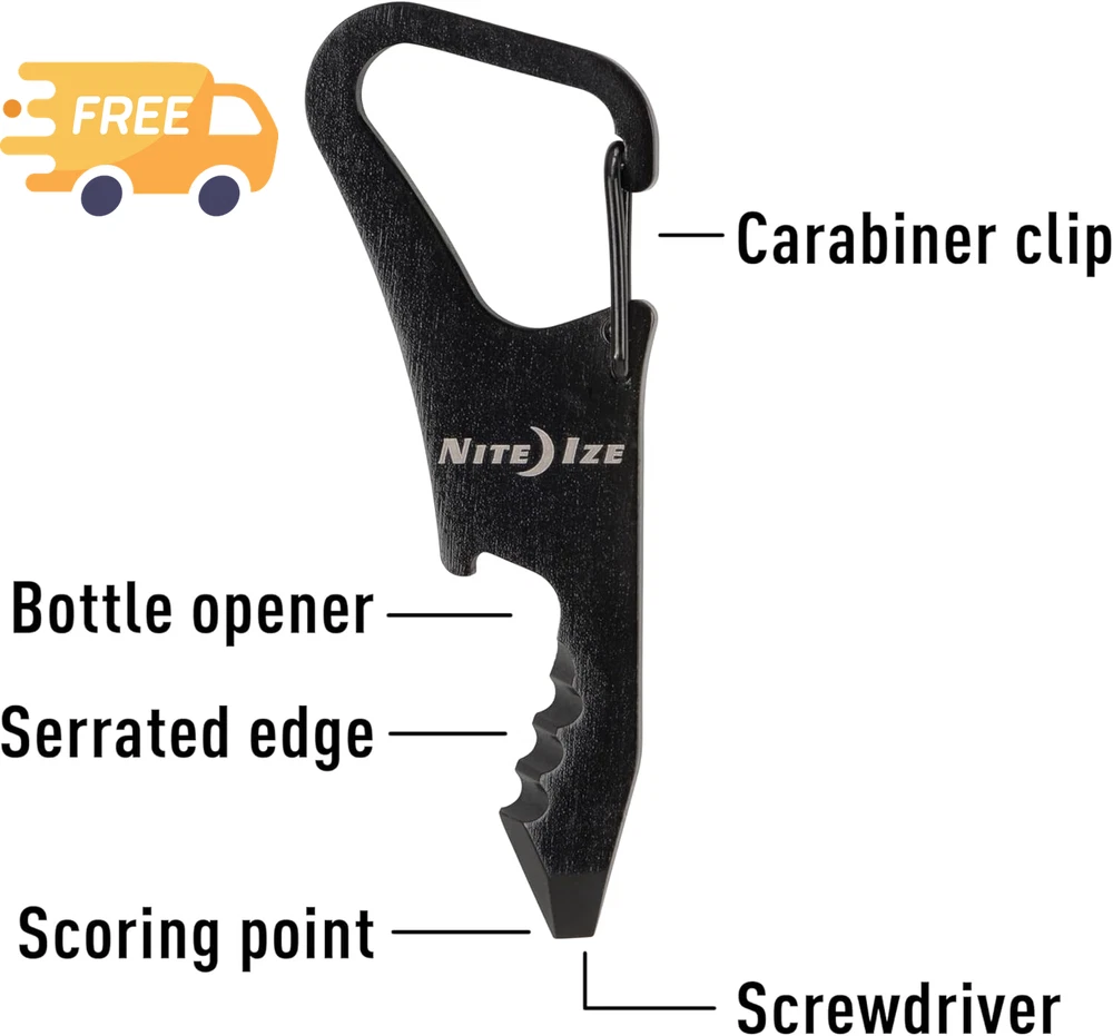 Multi-Tool Black Stainless Bottle Opener Serrated Edge Carabiner Clip