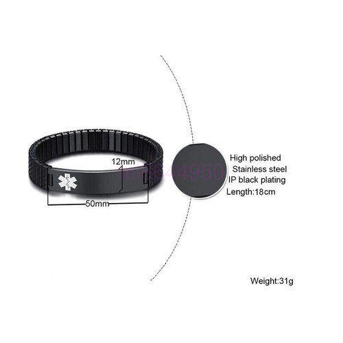 7" Spring Stretch Band Women Men Medical Alert ID Bracelet DIY Engraving Black - Picture 3 of 30