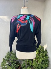 Vtg 80s Glam Black Sweater Leather Beads Accent M Victoria Harbour