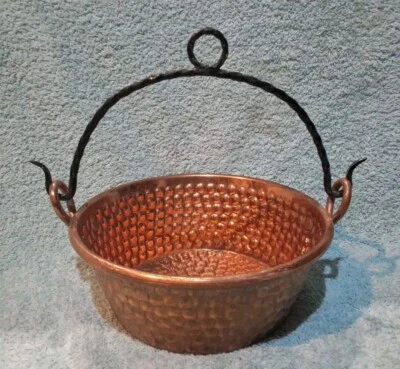 Chaudron En Cuivre Et Anse En Fer Forgé Torsadé Ø 17 cm 0kg348 État Impeccable - Photo 1/4