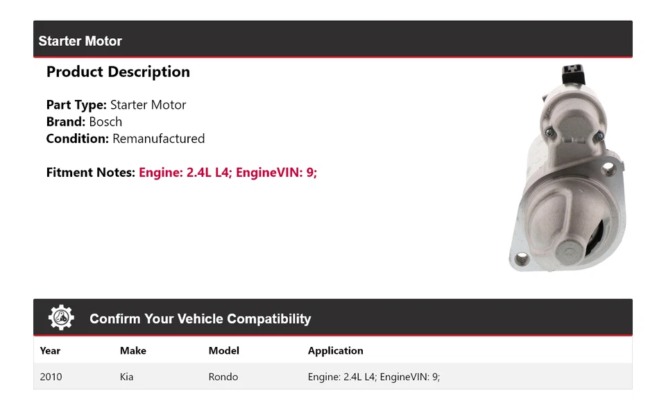 Arranque Bosch para Kia Rondo 2010 2,4 L L4 (remanufacturado) Foto 2 de 4