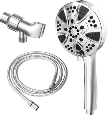 High Pressure 10-Mode Handheld Shower Head with 5 Ft Stainless Steel Hose and Ad