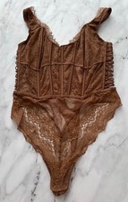 Victorias Secret Wicked Corset Bodysuit Teddy Caramel Boned Lace Thong XL