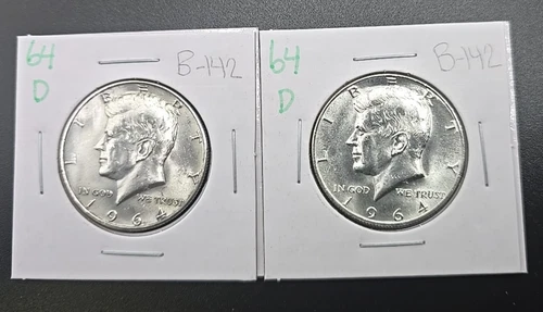 Lot of 2- 1964-D Kennedy Silver Half Dollars 90% -- AU- B-142