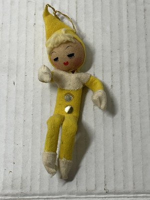 Vintage MCM Shelf Sitting Yellow Elf Felt Clothing Wooden Head Closed Eyes Girl