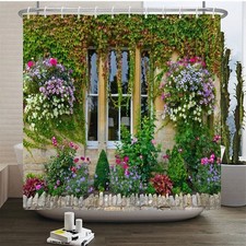 UK NEW Flower Garden Green Vine Waterproof Shower Curtain Garden Fence Scenic