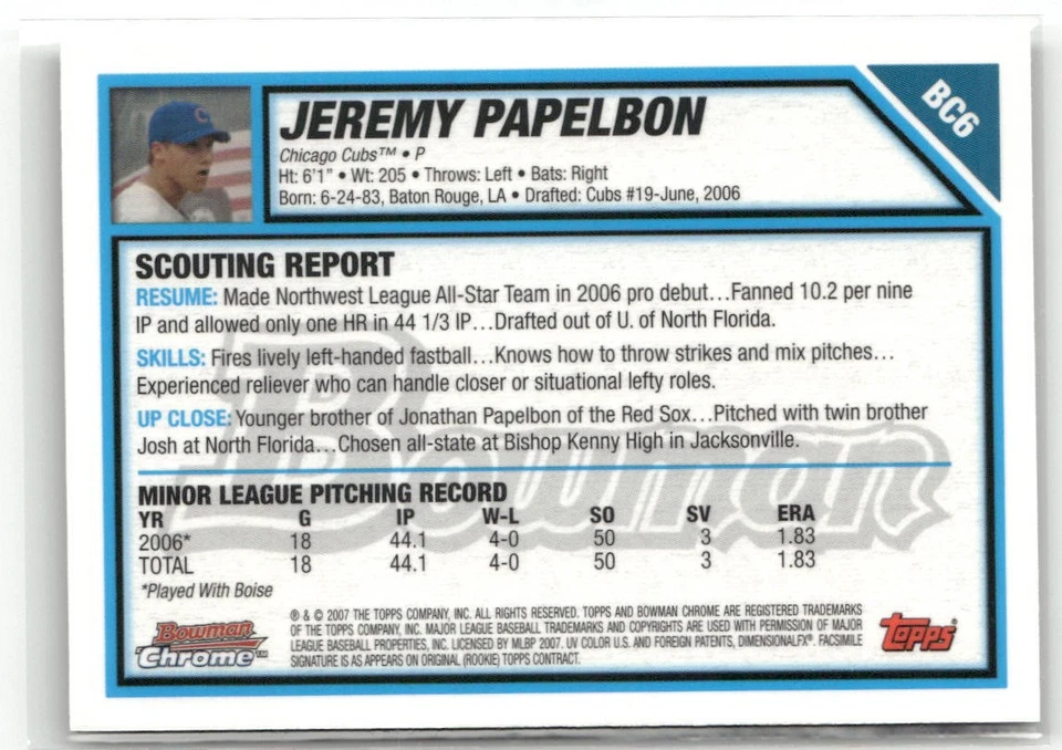 2007 BOWMAN #BC6 JEREMY PAPELBON CHROME PROSPECTS CHICAGO CUBS - Image 2 of 2