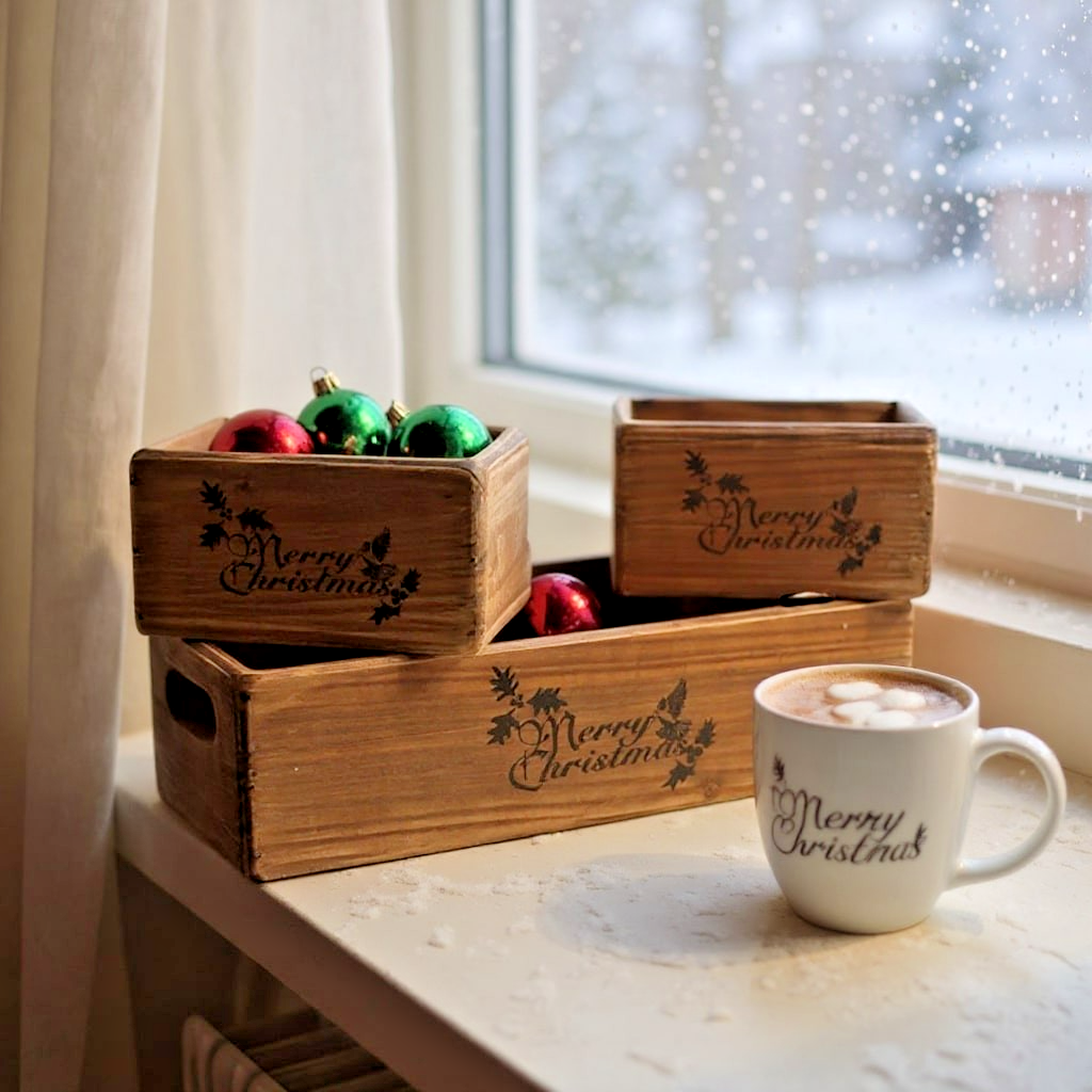 Merry Xmas Boxes Wooden Gift Rustic Vintage Brown Display Storage Crate Set 3