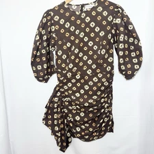 RHODE Pia Puff Sleeve Ruched Mini Dress Size 6 Brown Bandhani Motif