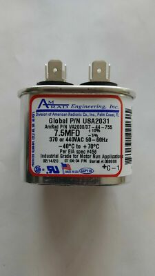 AmRad Oval Run Capacitor 7.5 MFD 370/440 VAC - USA2031 For HVAC Motors & Compressors