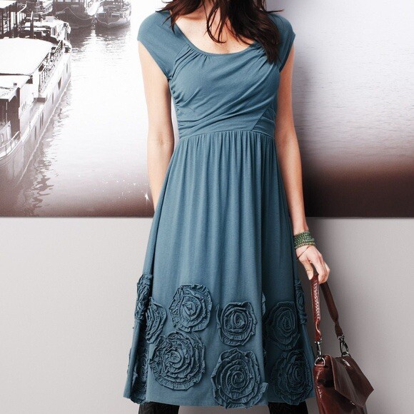 Garnet Hill Sz 14 Rosette Knit Jersey Dress Slate Blue Stretch Short Sleeve