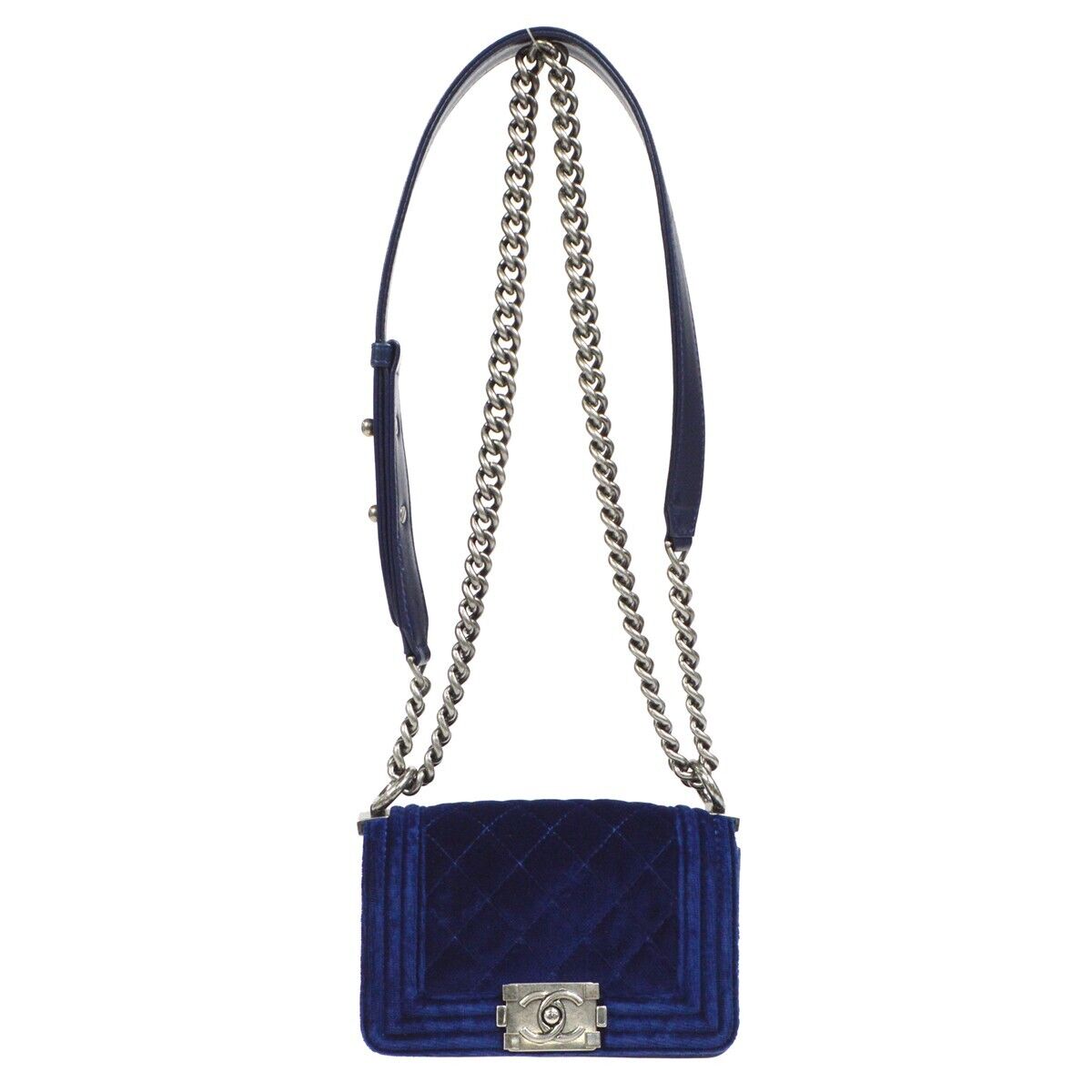 BOY CHANEL Chain Shoulder Bag Blue Navy Velvet Leather 45619