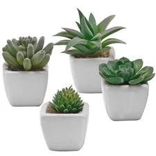 MyGift Set of 4 Mini Artificial Succulent Plants in Square White Ceramic Pots
