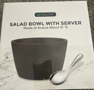 Large 10'' Acacia Wood Salad Serving Bowl With Stainless Server Spoon New In Box 