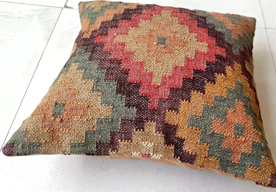 Indian Jute Kilim Cushion Cover Throw Pillow 18" Square Home Decor Handmade Wool - Image 4 of 4