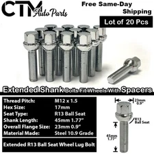20x Mercedes Chrome 12x1.5 Ball Seat Lug Bolt 45mm Shank | Rim w/ 15-20mm Spacer