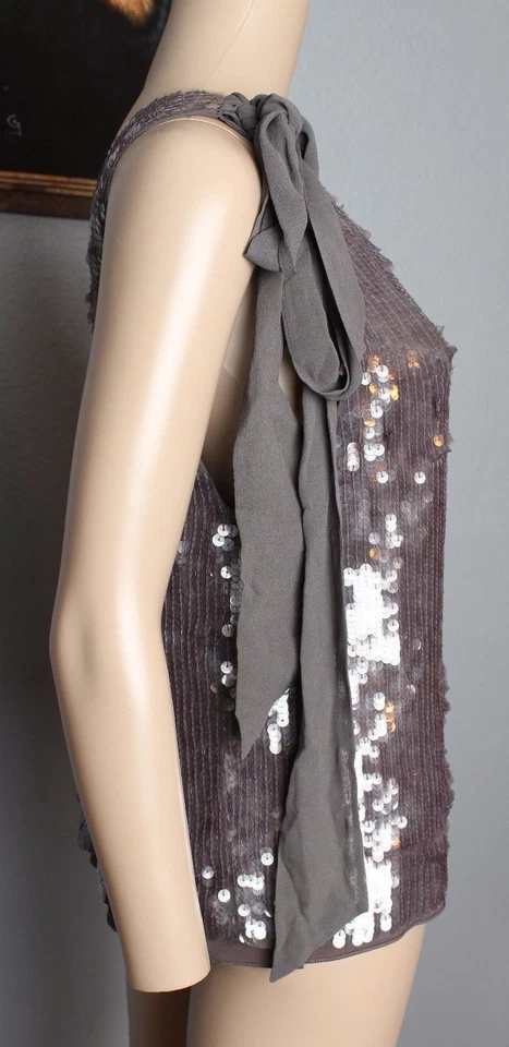 Alice + Olivia Grau Seide Pailletten Schleife Detailliert Schulterfrei Tank Top - Bild 3 von 4