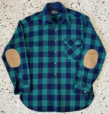 Vintage Pendleton Mens Wool Flannel Plaid Shirt w/ Suede Elbow Patches USA Large