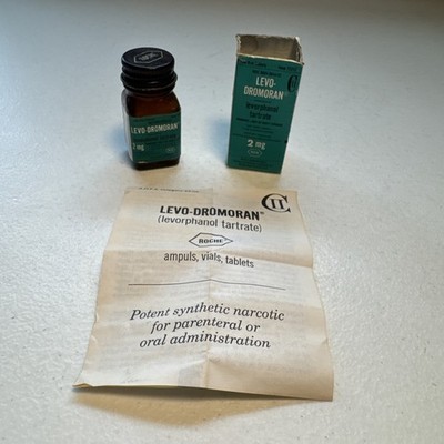 Vintage Roche Laboratories Levo-Dromoran Empty Glass Medicine Bottle W/Box