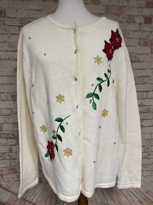 CLASSIC ELEMENTS Cream Cardigan Sweater Size 20/22 W Floral Snowflake NWT